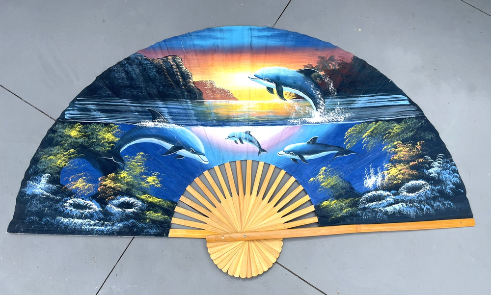 60" Large Hand Painted Wall Fan Dolphin Ocean Sunset Decor Bamboo